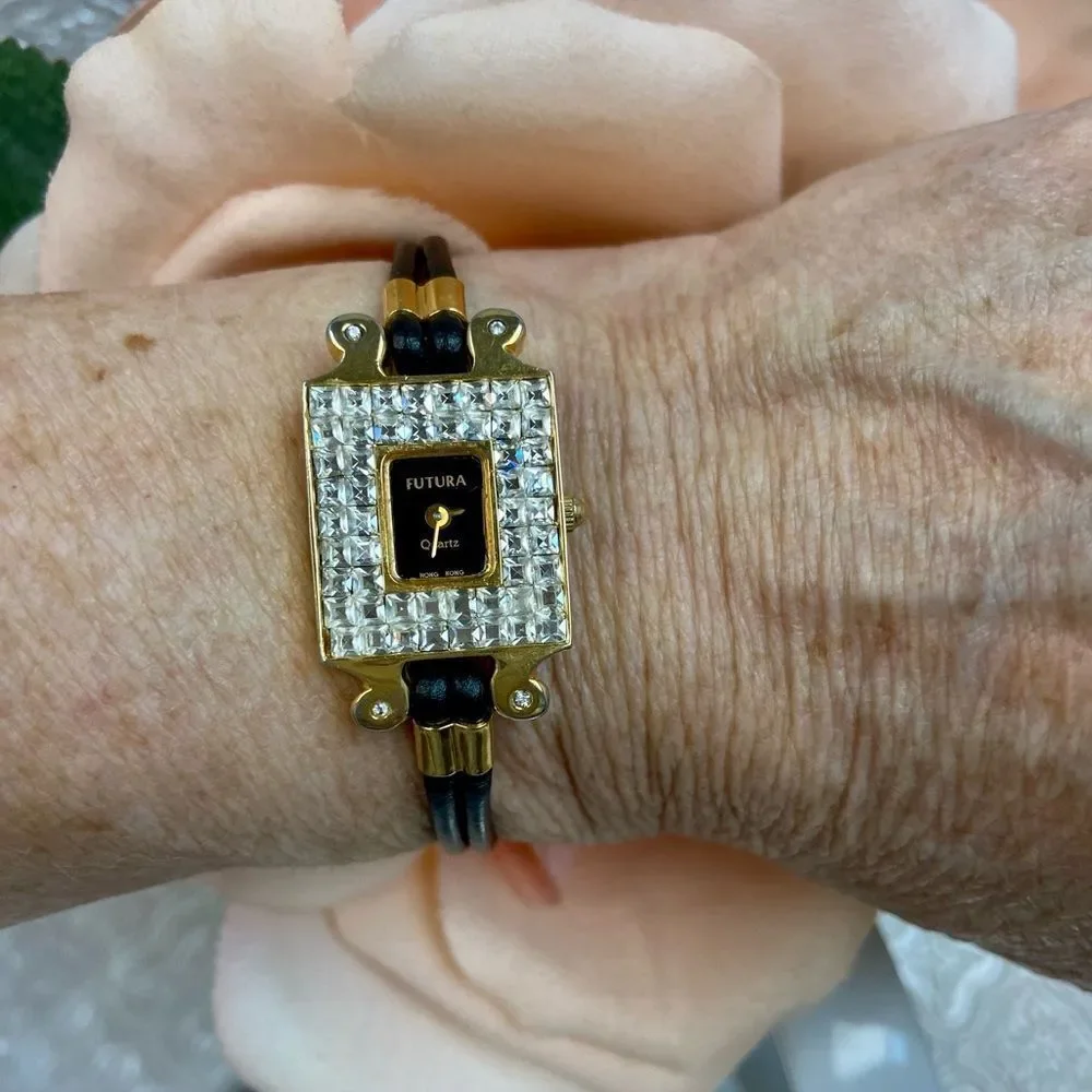 Vintage Unique Futura Pave Rhinestone Bezel West German 4 Jewel Dress Watch